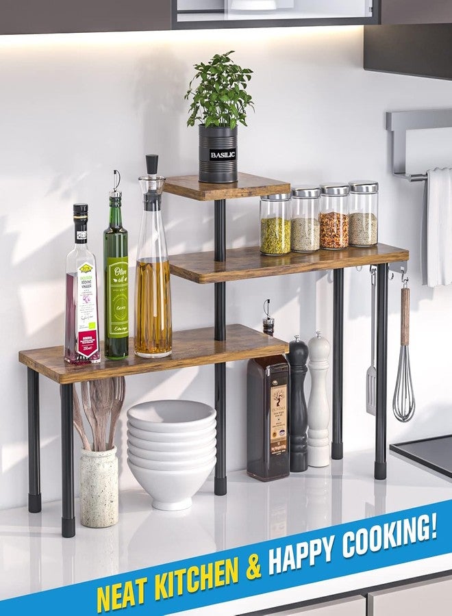 Trendy Trays رف خشبي أنيق بثلاث طبقات، مثالي لسطح المطبخ أو المكتب أو طاولة الدراسة | منظم متعدد الاستخدامات | رف خشبي بني | سهل التركيب، متين وأنيق - Image 4